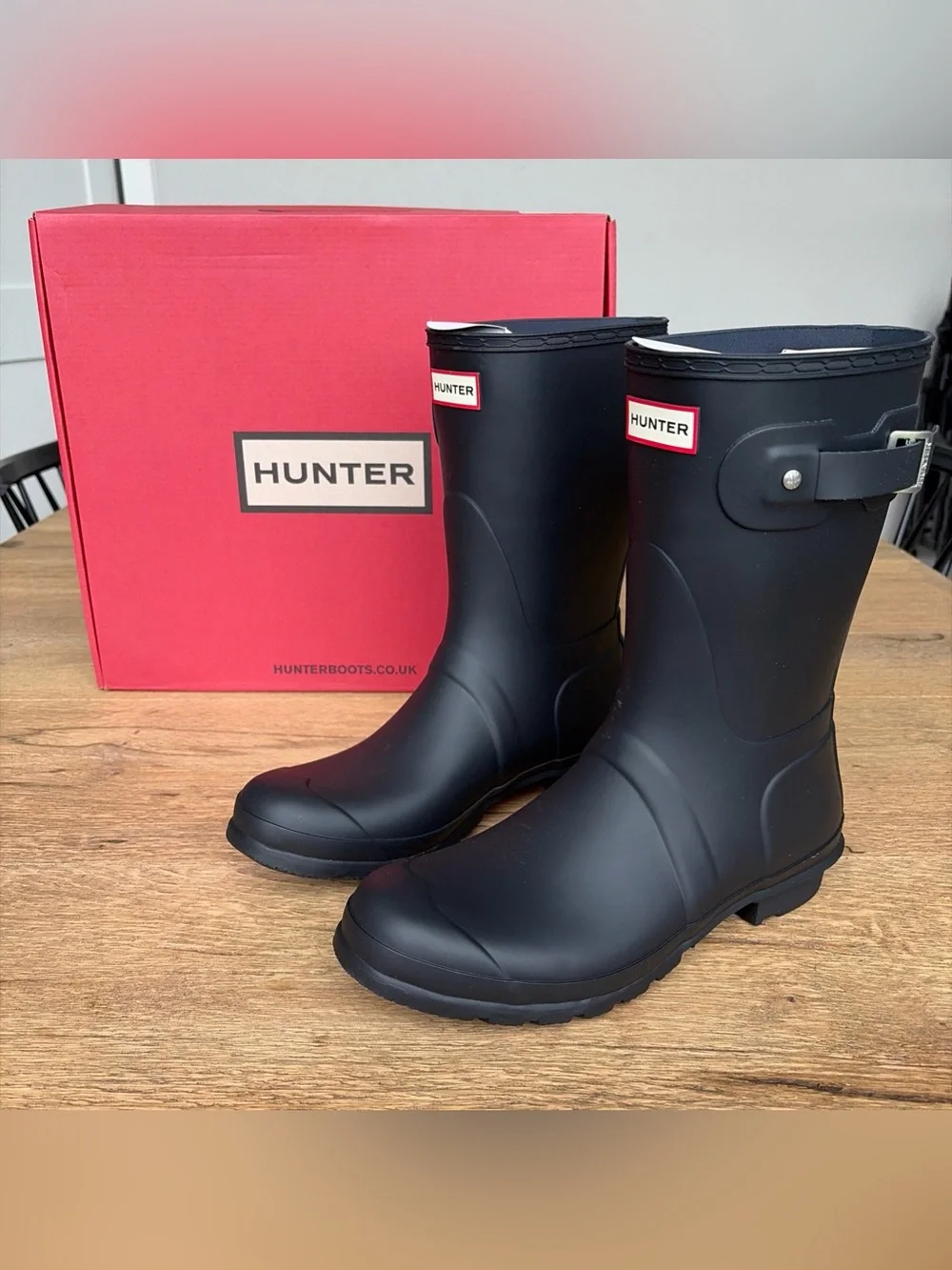 Hunter Short Matte Black Rain Boots with Red Logo Trim